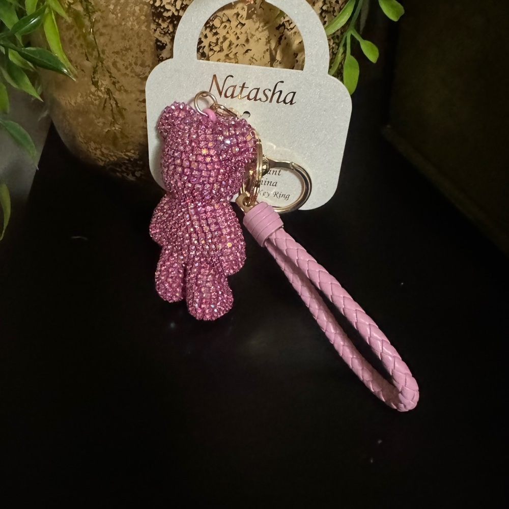 Natasha Couture Pink Jeweled Teddy Bear Keychain with Braided Strap